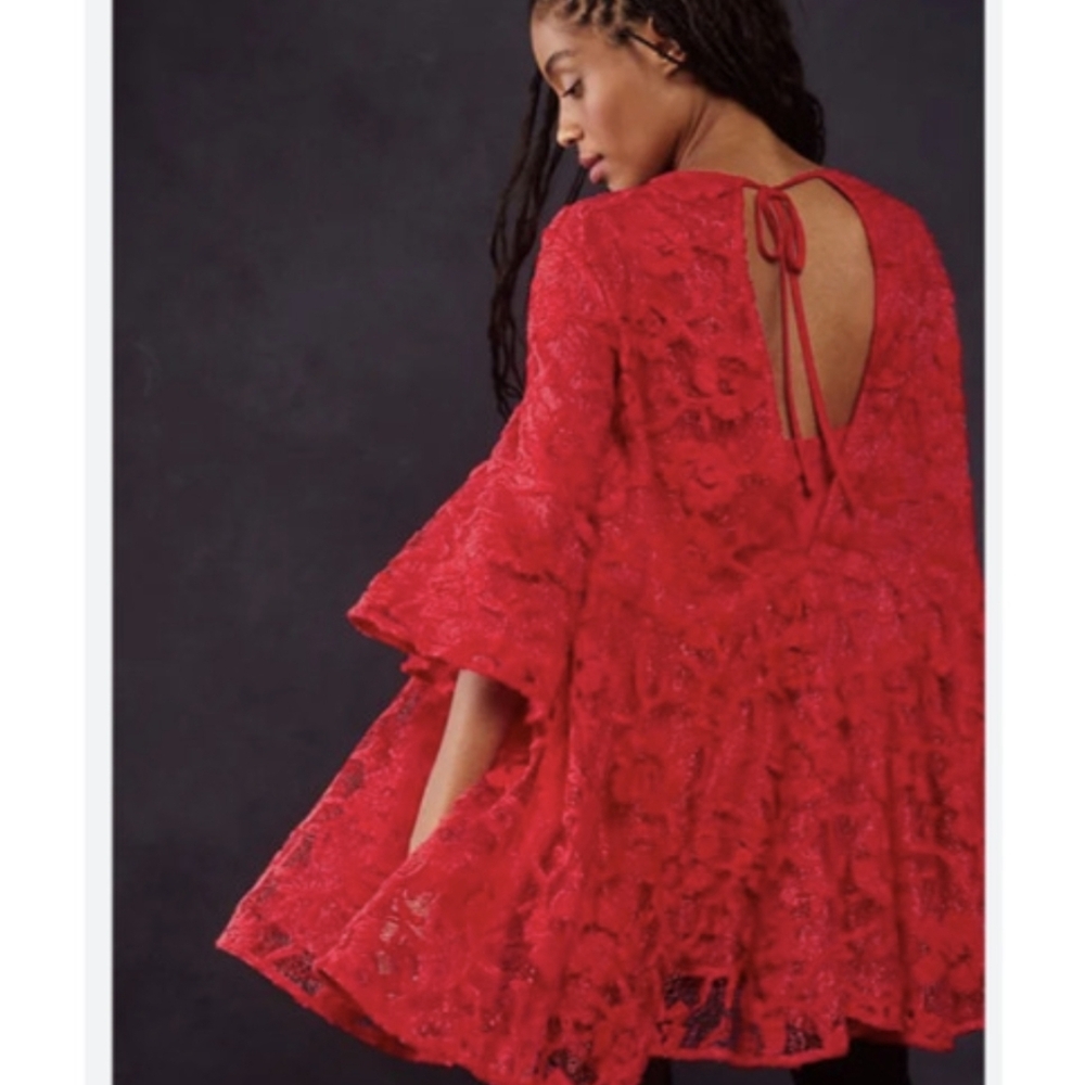 Free People,new With Tag Floral Lace Babydoll Swing Mini Dress Red Chenille Lace